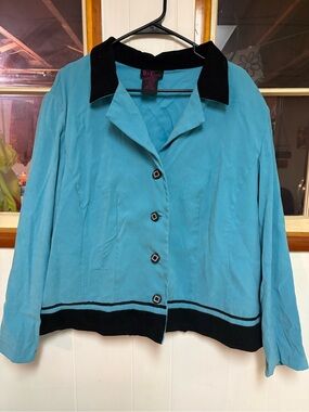 Teal Button-Front Blazer with Black Trim